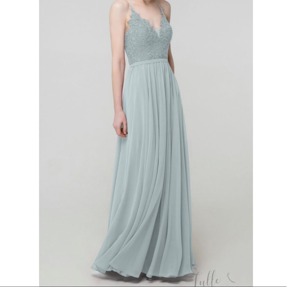 Floor length sea foam/mist bridesmaid dress